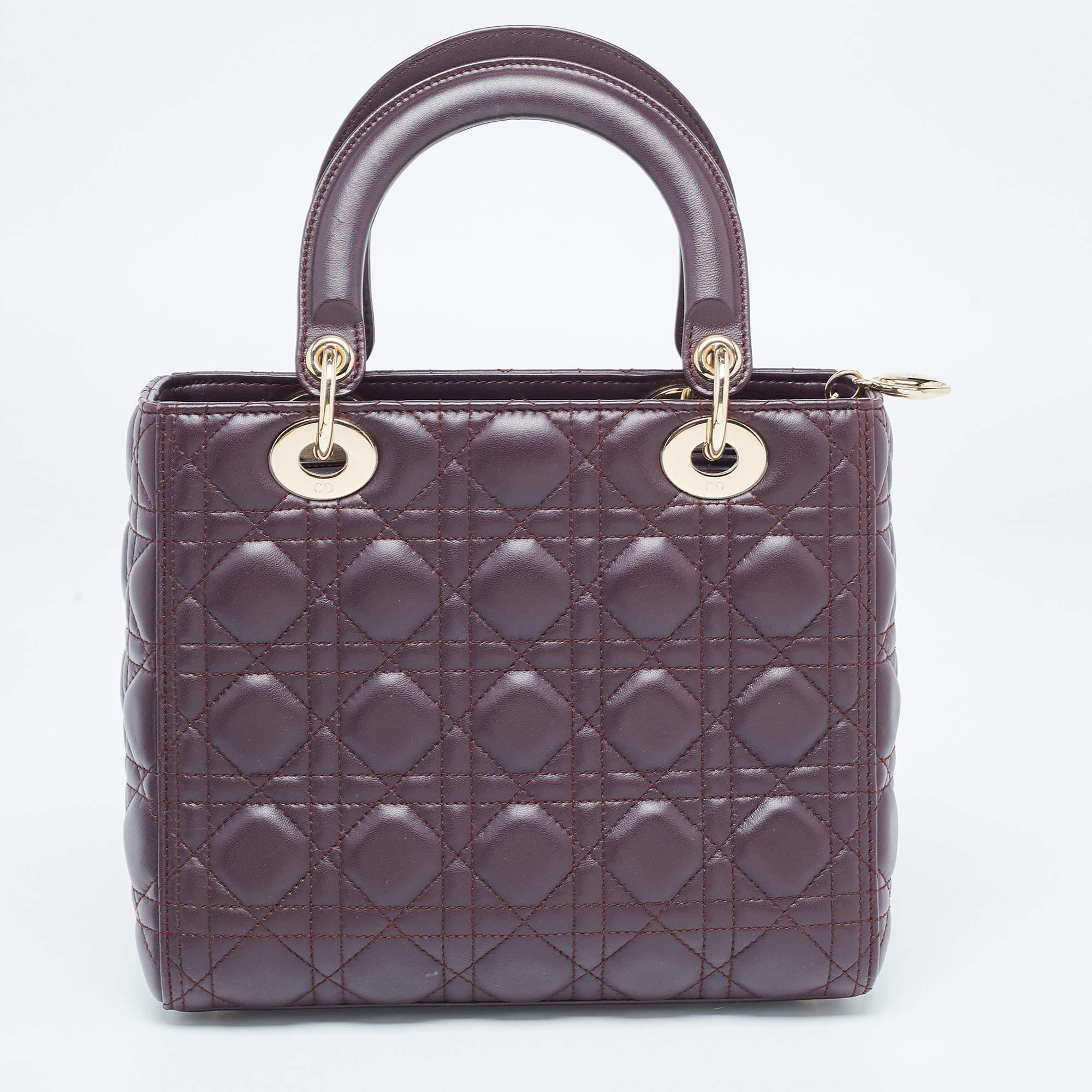 Dior Burgundy Cannage Leather Medium Lady Dior Tote In Excellent Condition In Dubai, Al Qouz 2