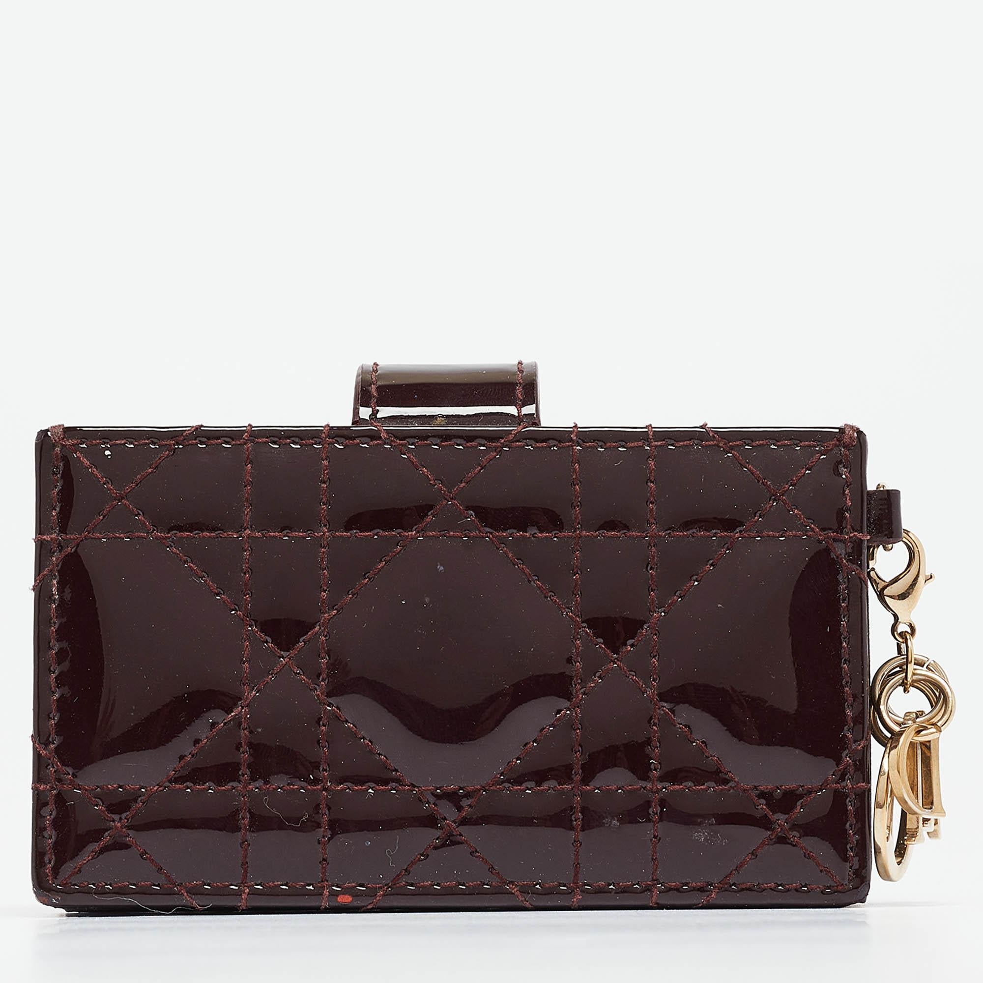 Women's Dior Burgundy Cannage Patent Leather Lady Dior 5 Gusset Card Holder