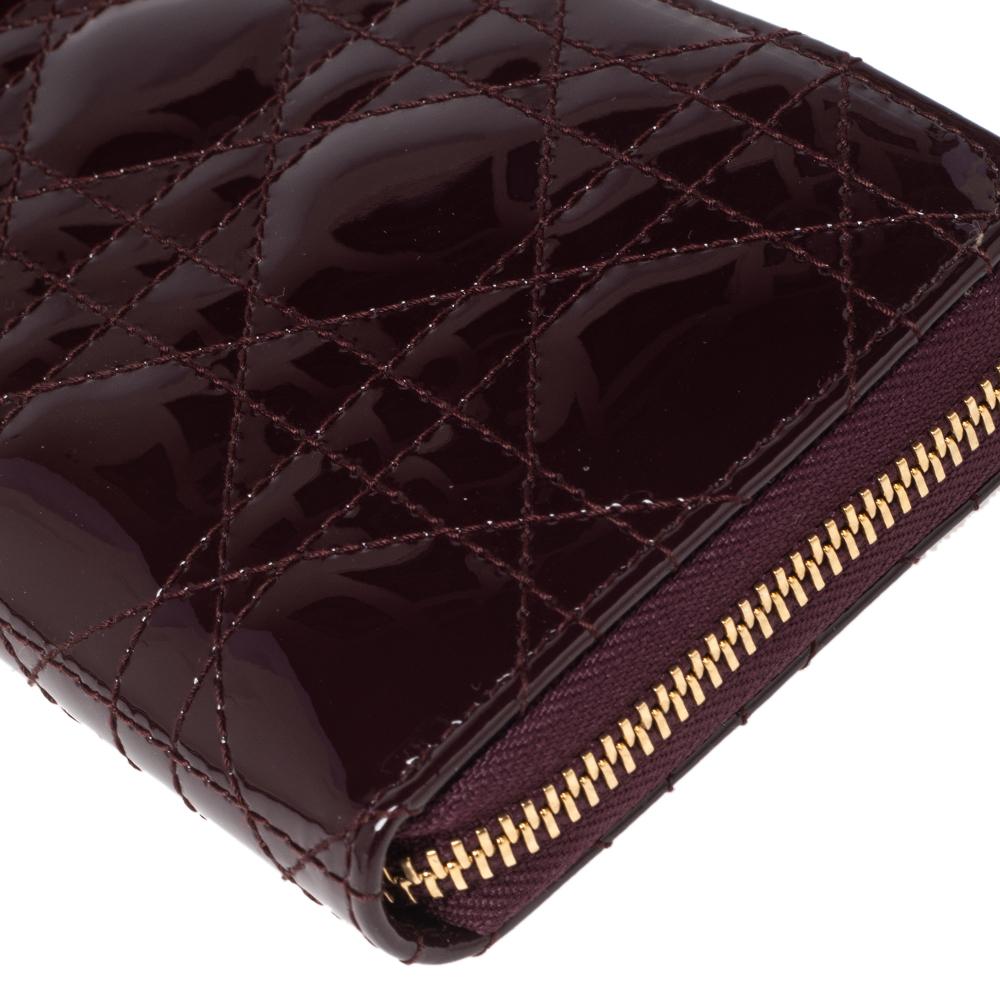 Black Dior Burgundy Cannage Patent Leather Lady Dior Zip Around Wallet