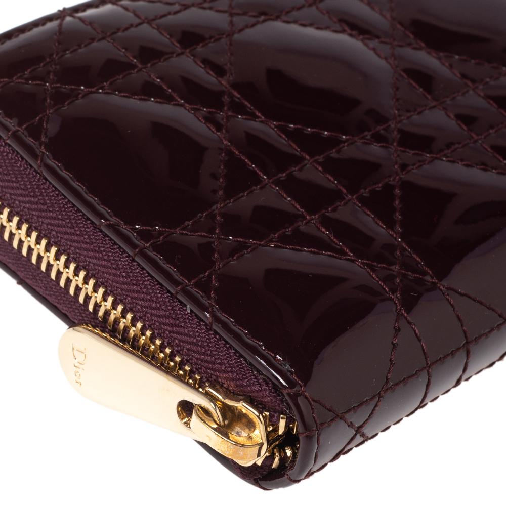 Dior Burgundy Cannage Patent Leather Lady Dior Zip Around Wallet In Excellent Condition In Dubai, Al Qouz 2