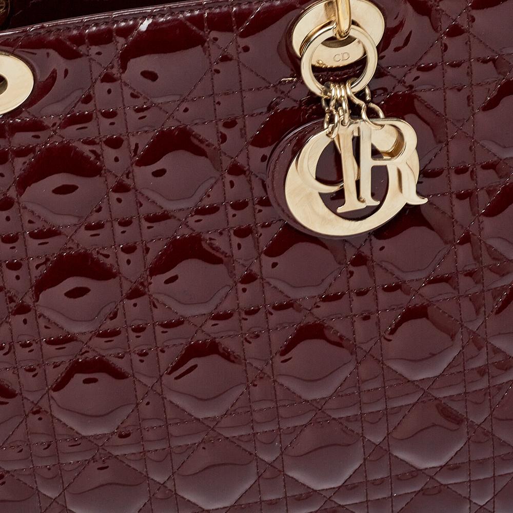 Black Dior Burgundy Cannage Patent Leather Large Lady Dior Tote