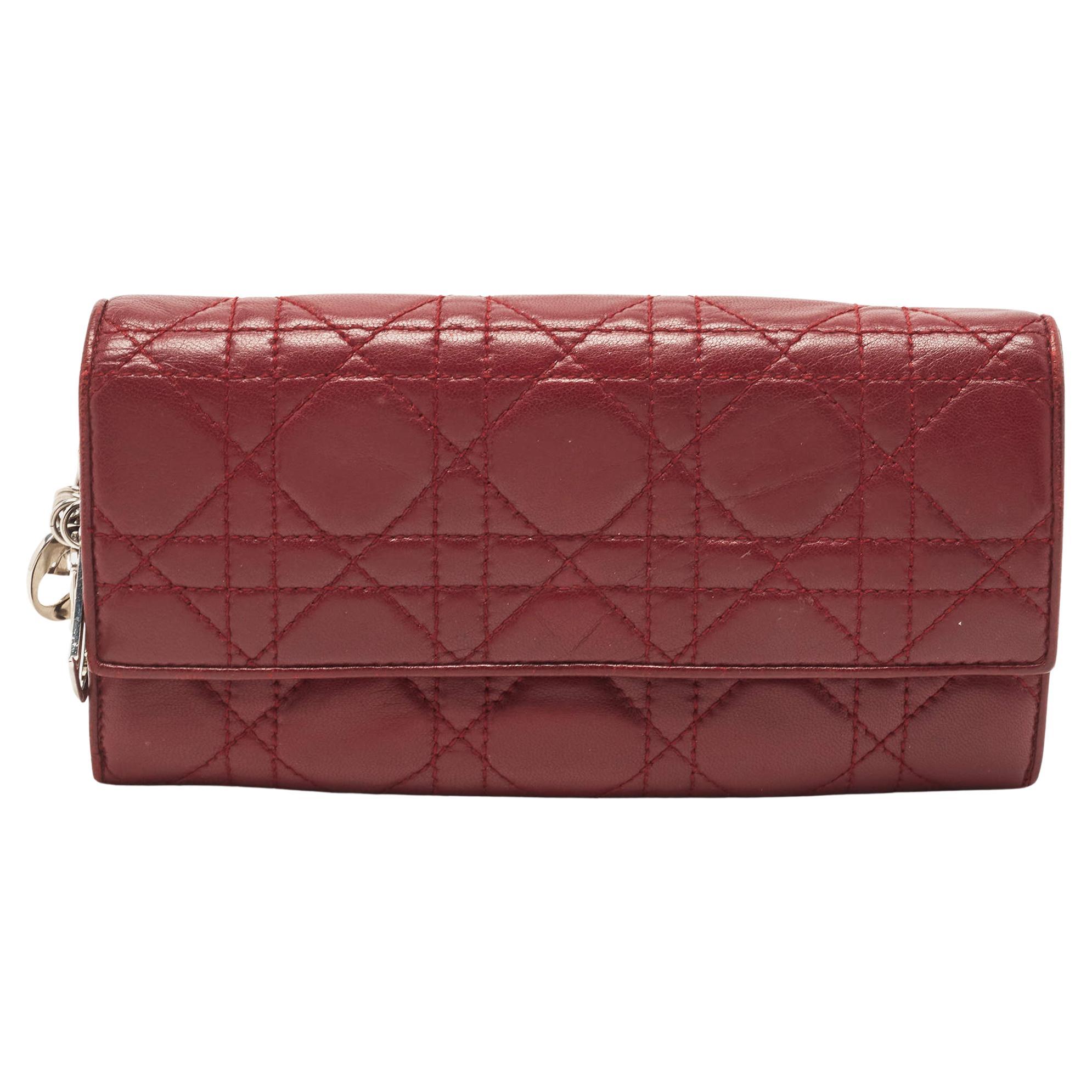 Dior Burgundy Cannage Quilted Leather Lady Dior Continental Wallet