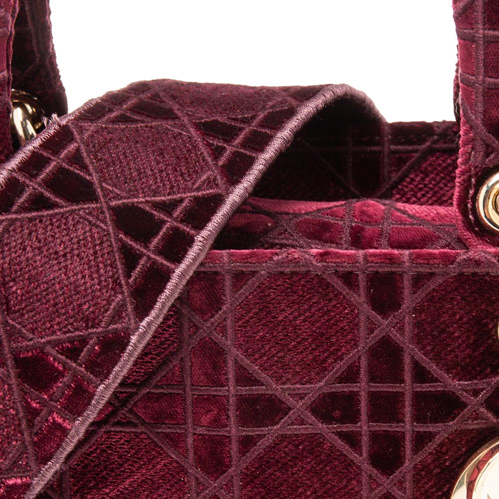 Dior Burgundy Cannage Velvet Medium Lady D-Lite Tote In Good Condition In Dubai, Al Qouz 2