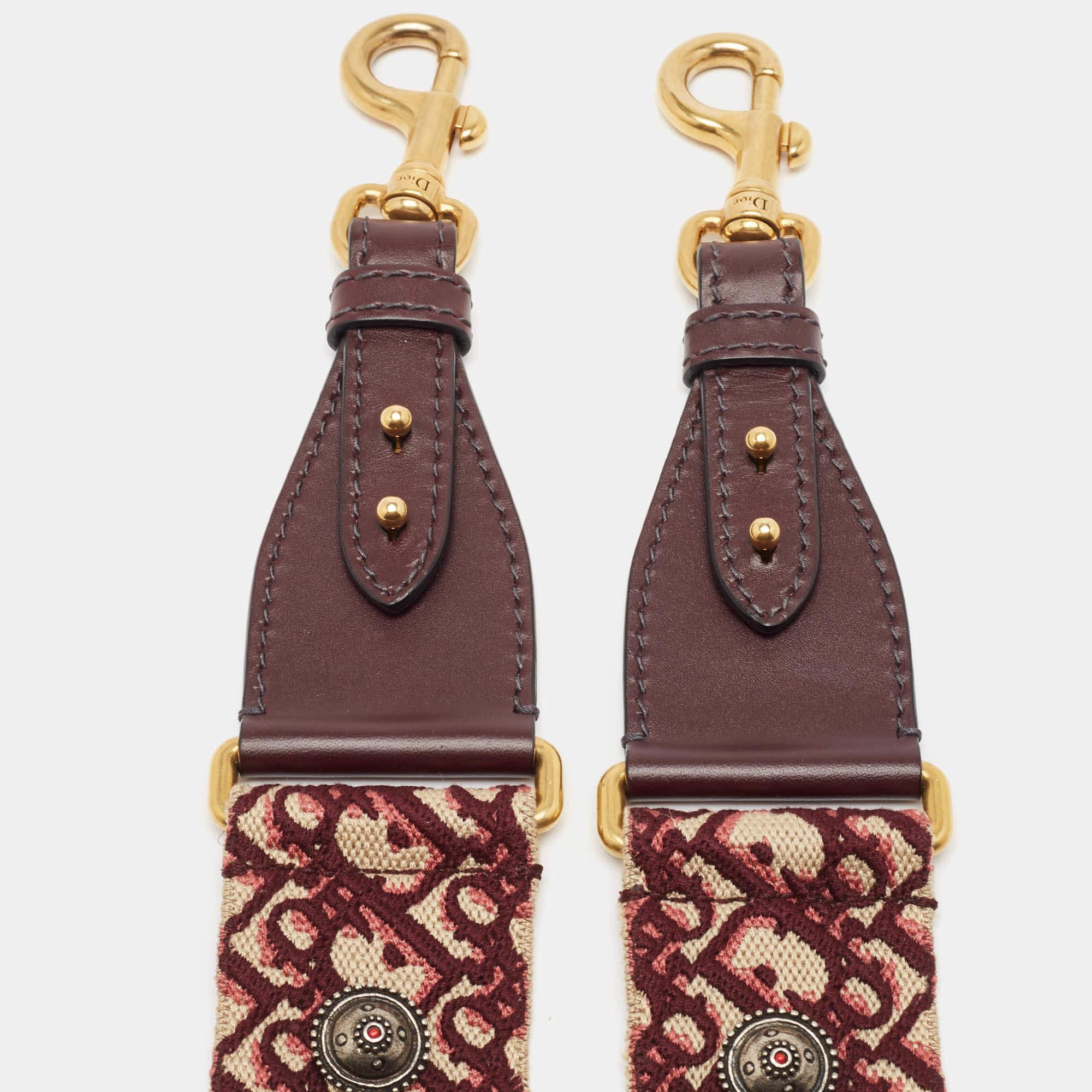 Brown Dior Burgundy Canvas and Leather Studded Saddle Shoulder Bag Strap