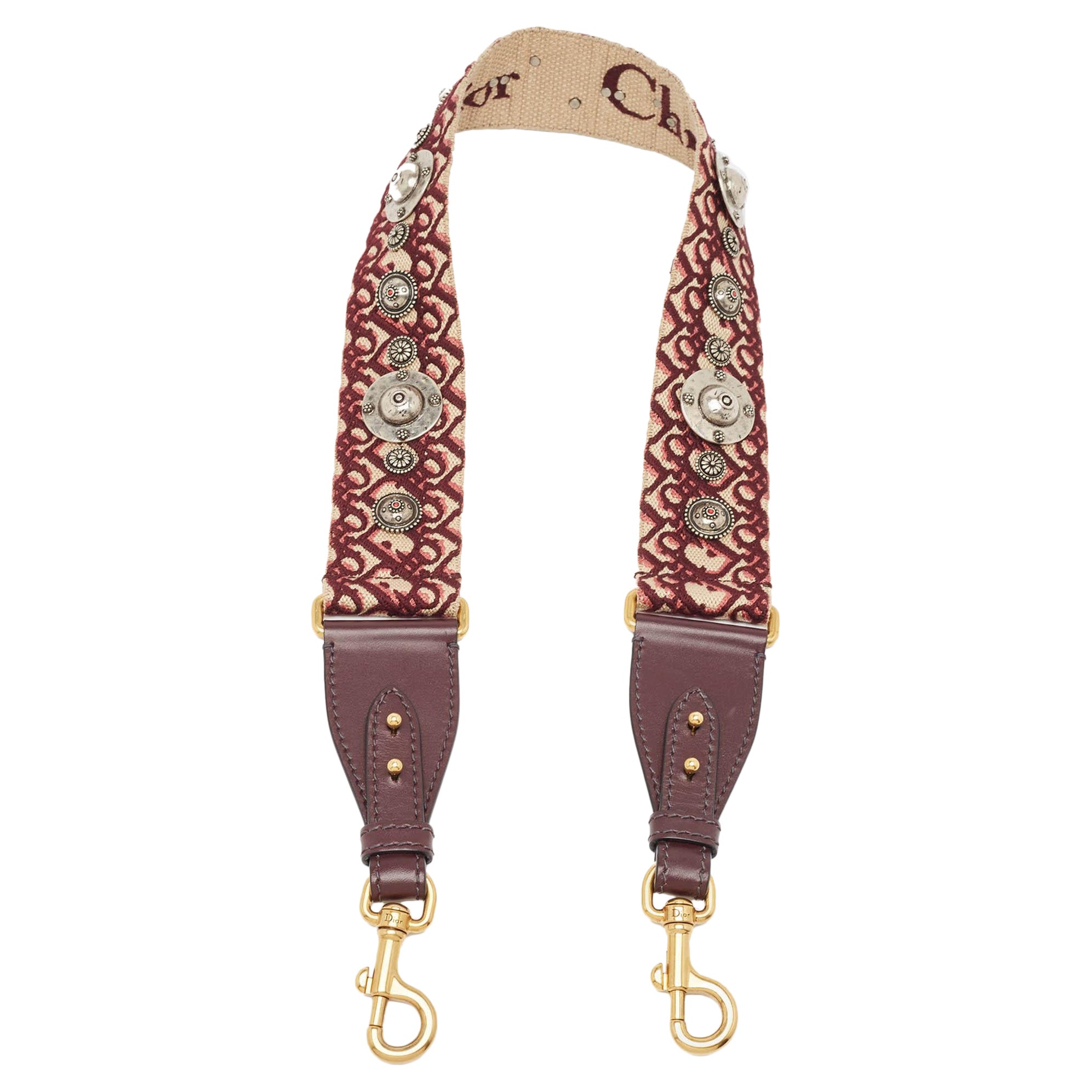 Dior Burgundy Canvas and Leather Studded Saddle Shoulder Bag Strap