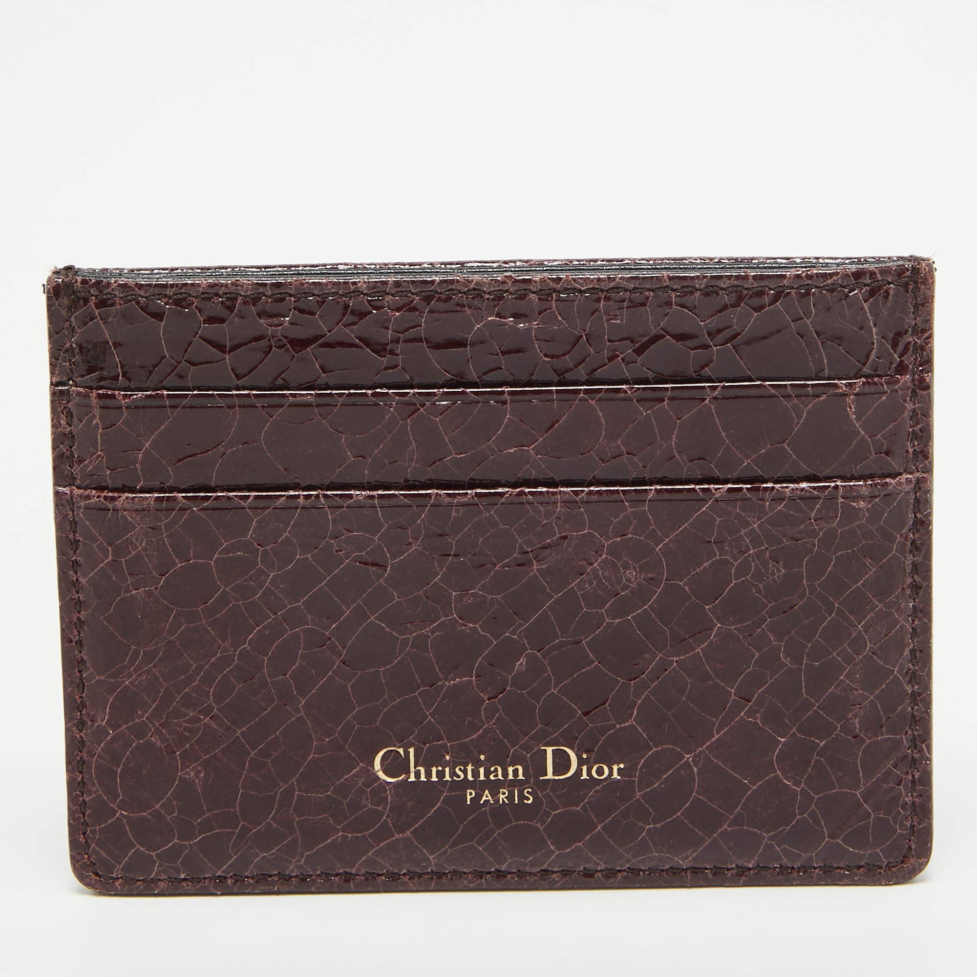Dior Burgundy Crackled Patent Leather Diorama Card Holder For Sale at 1stDibs
