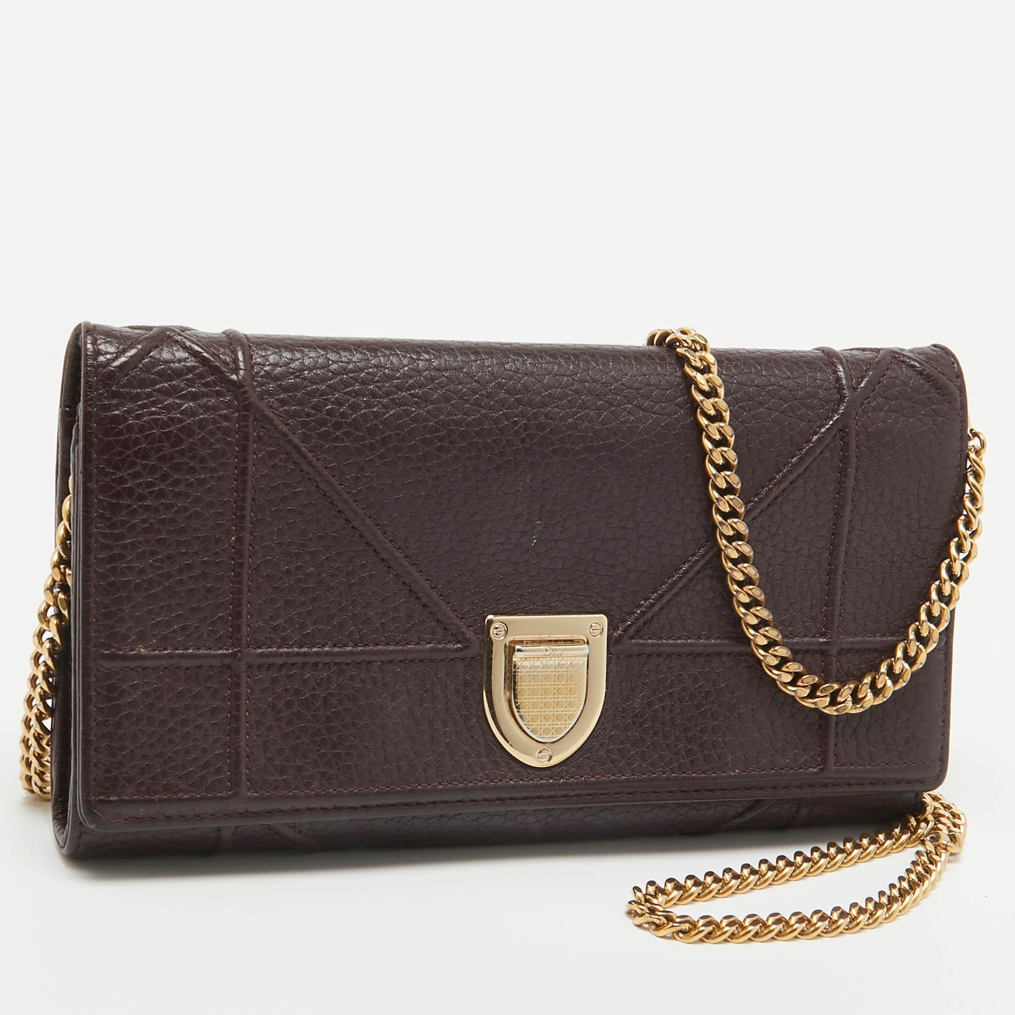 Black Dior Burgundy Leather Diorama Wallet on Chain