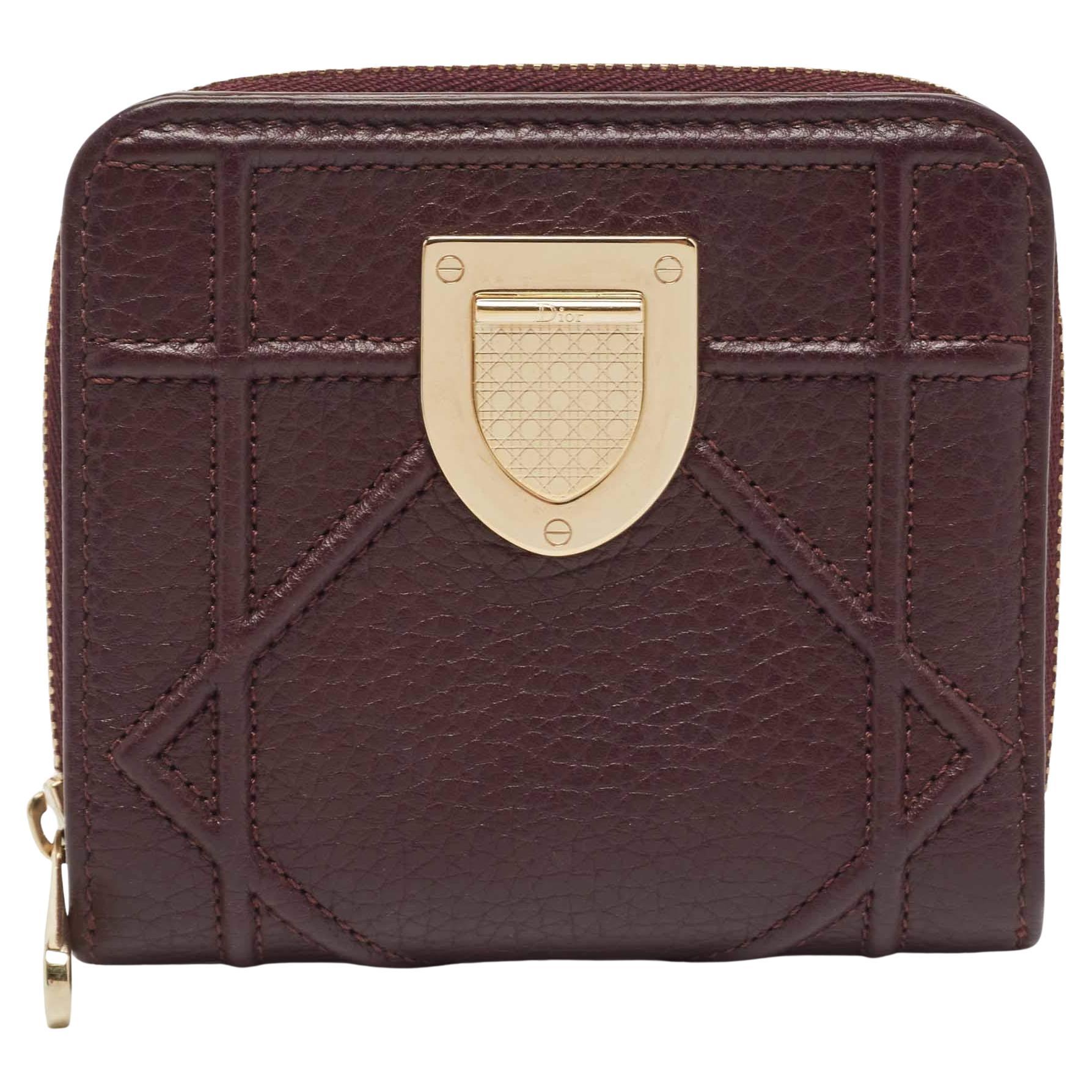 Dior Burgundy Leather Diorama Zip Compact Wallet For Sale