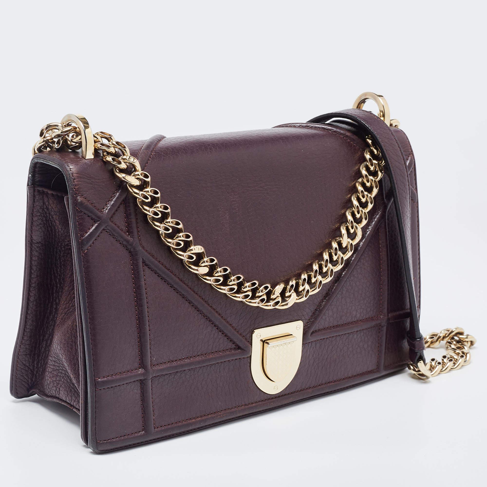 Dior Burgundy Leather Medium Diorama Shoulder Bag In Fair Condition In Dubai, Al Qouz 2