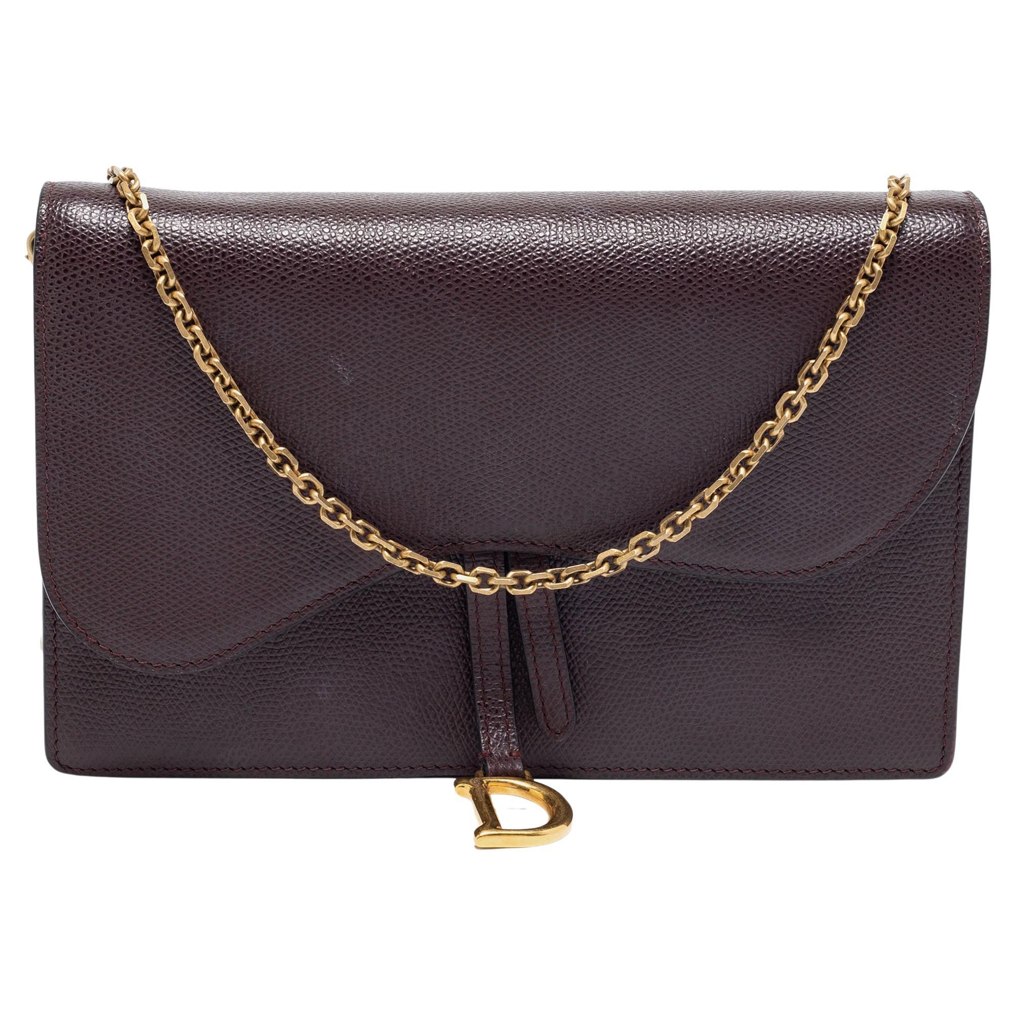 Dior Burgundy Leather Saddle Wallet on Chain