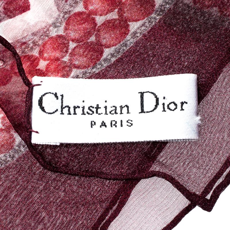 Brown Dior Burgundy Logo and Chevron Printed Silk Scarf