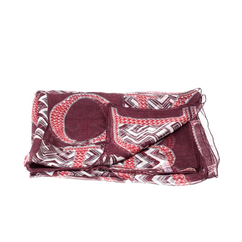 Dior Burgundy Logo and Chevron Printed Silk Scarf 1