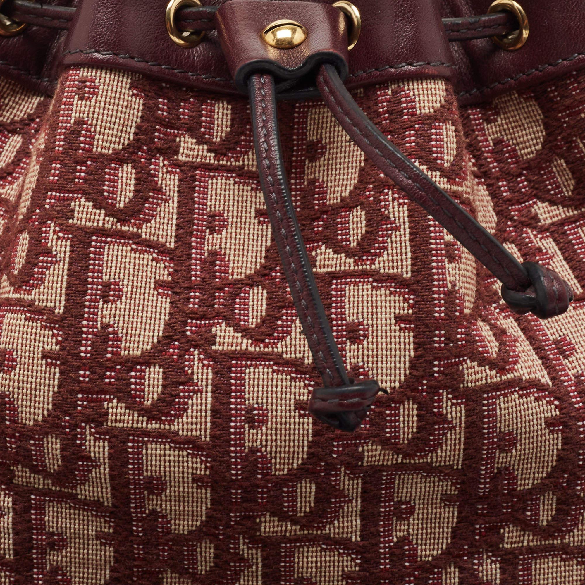 Dior Burgundy Oblique Canvas and Leather Drawstring Chain Bucket Bag 6