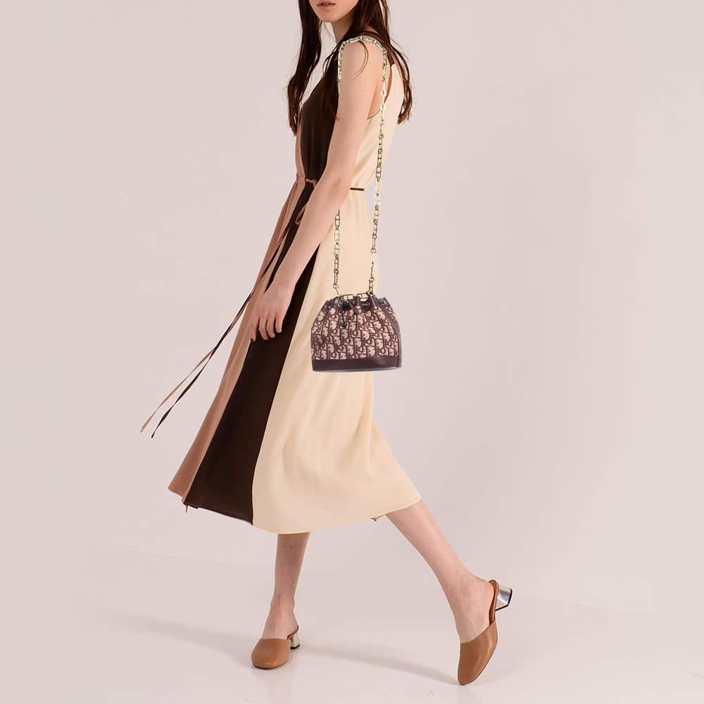 Brown Dior Burgundy Oblique Canvas and Leather Drawstring Chain Bucket Bag