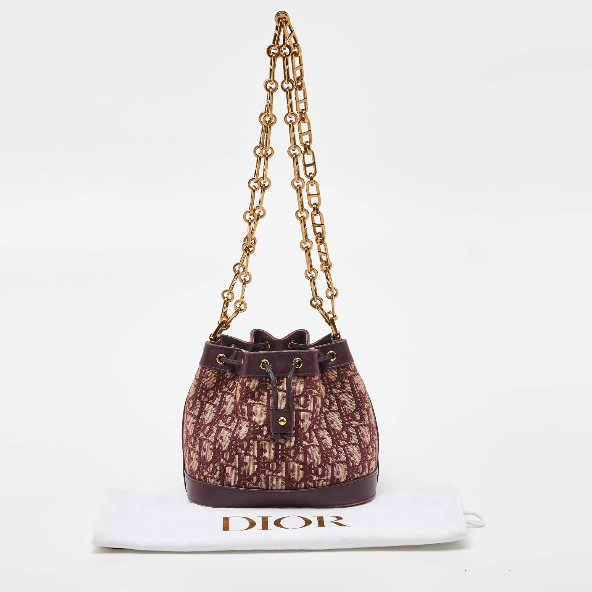 Dior Burgundy Oblique Canvas and Leather Drawstring Chain Bucket Bag 3