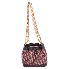 Dior Burgundy Oblique Canvas und Leder Drawstring Kette Bucket Bag
