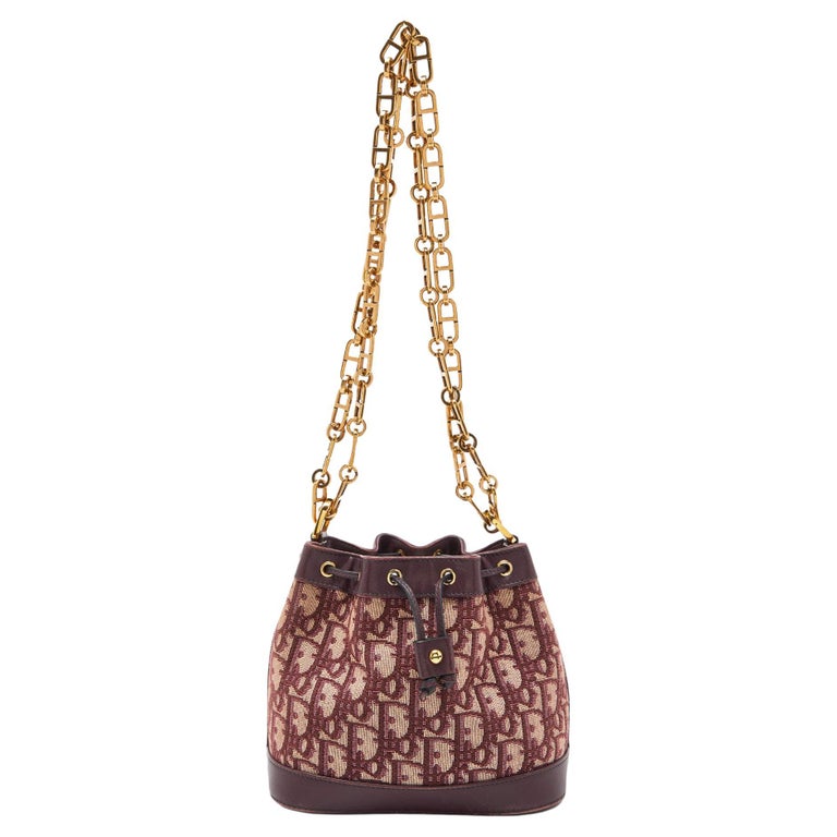 Dior Burgundy Borsa a secchiello obliqua in tela e pelle con