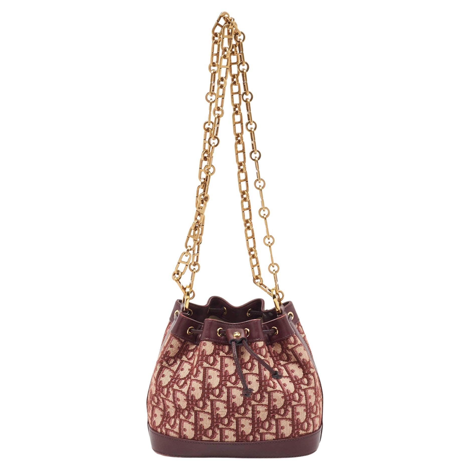 Dior Burgundy Oblique Canvas and Leather Drawstring Chain Bucket Bag For Sale