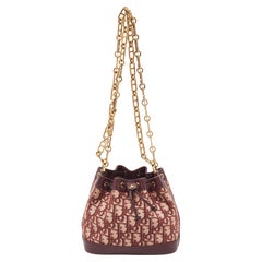 Dior Burgundy Oblique Canvas and Leather Drawstring Chain Bucket Bag