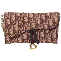 Dior Burgundy Oblique Canvas and Leather Saddle Wallet On Chain