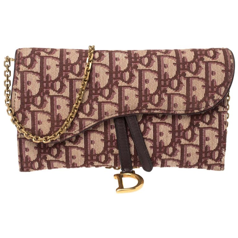 Dior Burgundy Oblique Canvas and Leather Saddle Wallet On Chain at 1stDibs