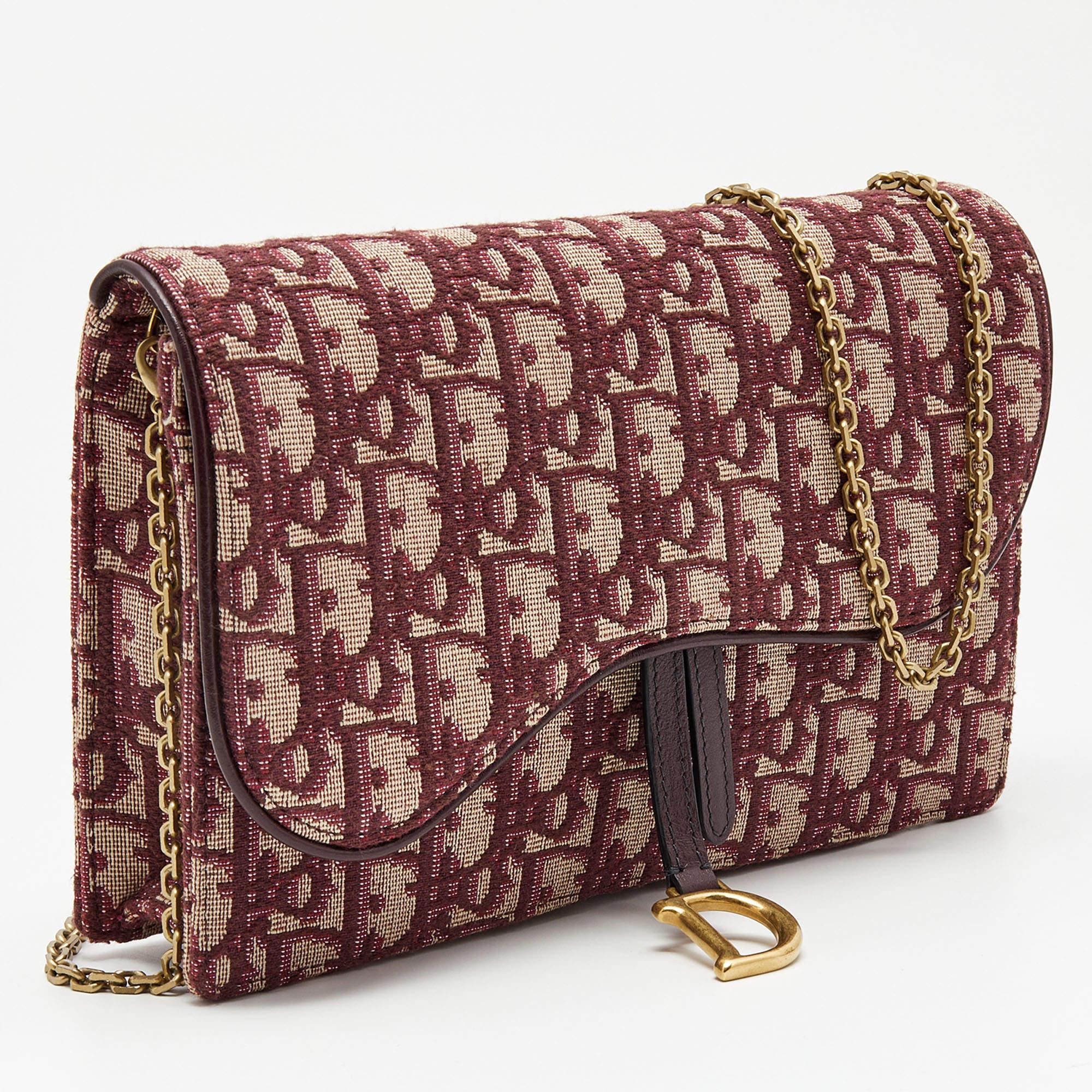 Brown Dior Burgundy Oblique Canvas Saddle Wallet on Chain Bag
