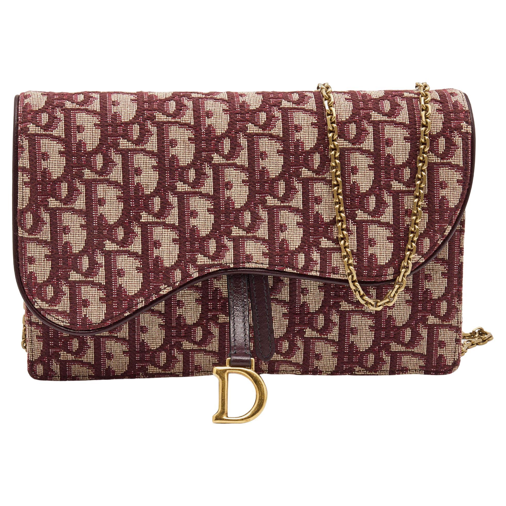 Dior Burgundy Oblique Canvas Saddle Wallet on Chain Bag