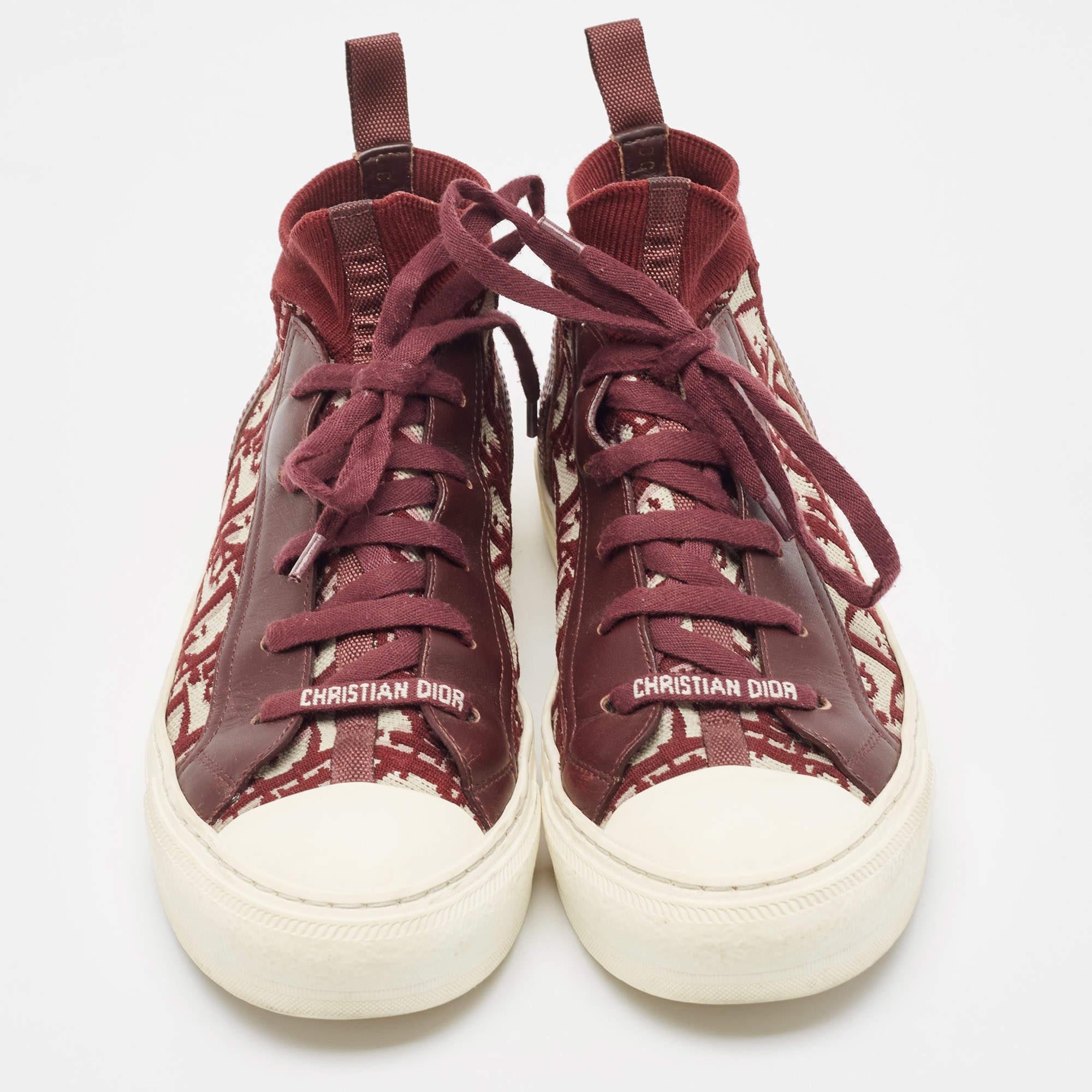 Beige Dior Burgundy Oblique Knit Fabric and Leather Walk'n'Dior Sneakers Size 38.5