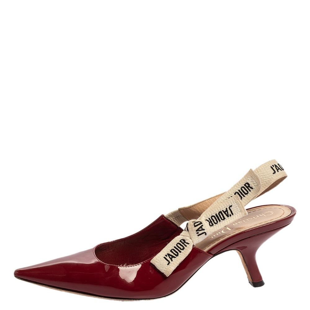 Dior Burgundy Patent Leather J'Adior Pointed Toe Slingback Sandals Size 37.5 In Good Condition In Dubai, Al Qouz 2