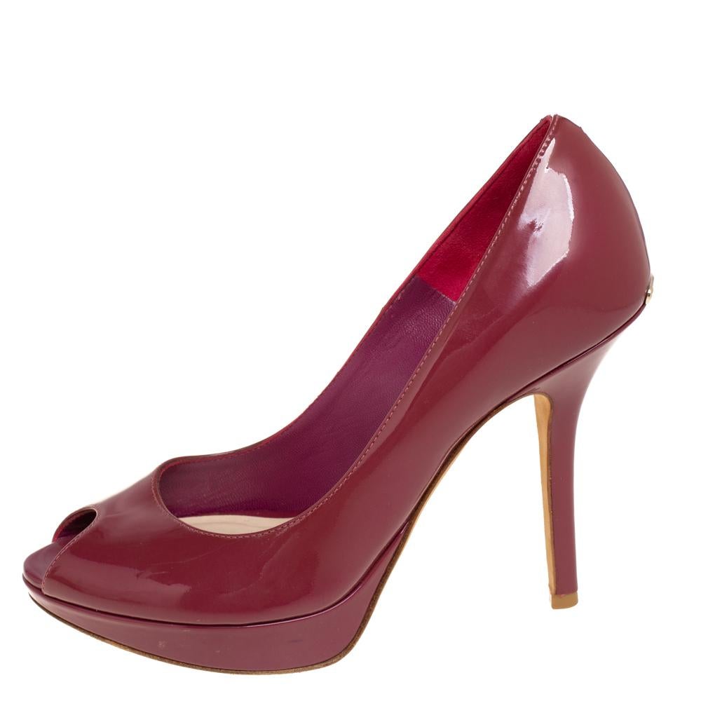 Women's Dior Burgundy Patent Leather Miss Dior Peep Toe Platform Pumps Size 35