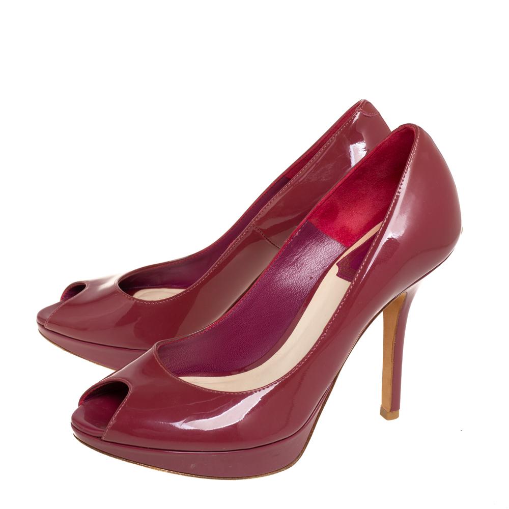 Dior Burgundy Patent Leather Miss Dior Peep Toe Platform Pumps Size 35 2
