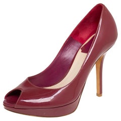Dior Burgundy Patent Leather Miss Dior Peep Toe Platform Pumps Size 35