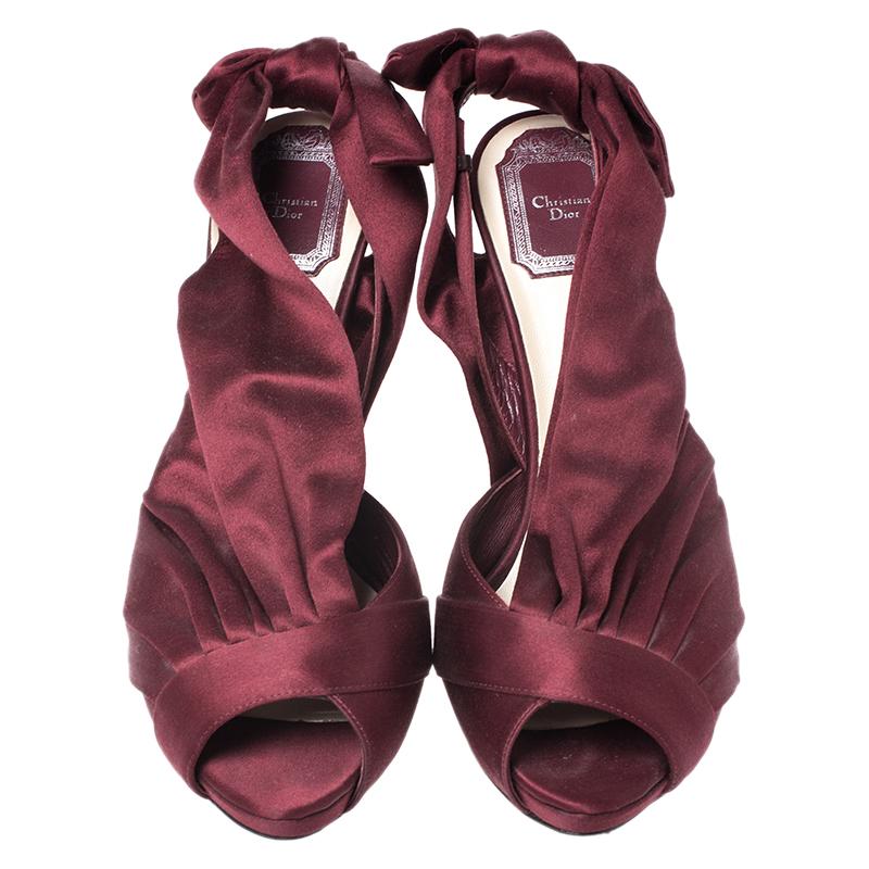 Black Dior Burgundy Peep Toe Ruffle Detail Bow Slingback Platform Sandals Size 39