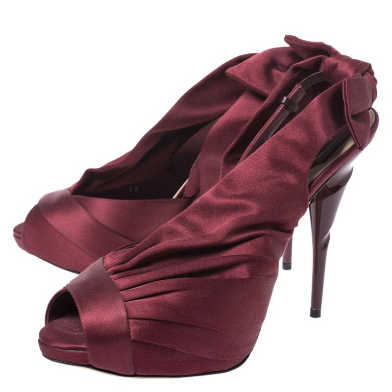 Dior Burgundy Peep Toe Ruffle Detail Bow Slingback Platform Sandals Size 39 1