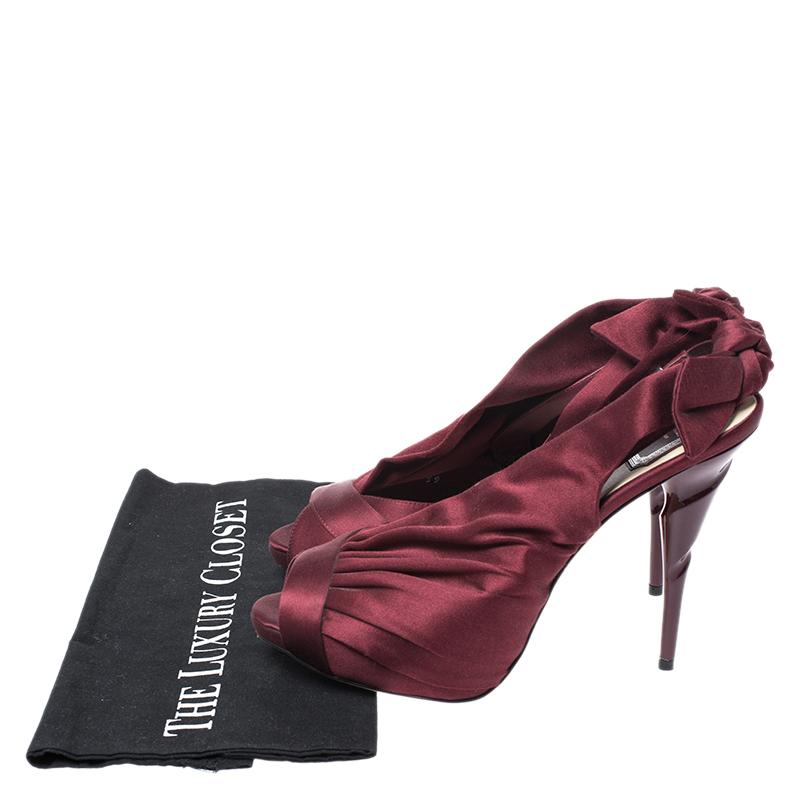 Dior Burgundy Peep Toe Ruffle Detail Bow Slingback Platform Sandals Size 39 3