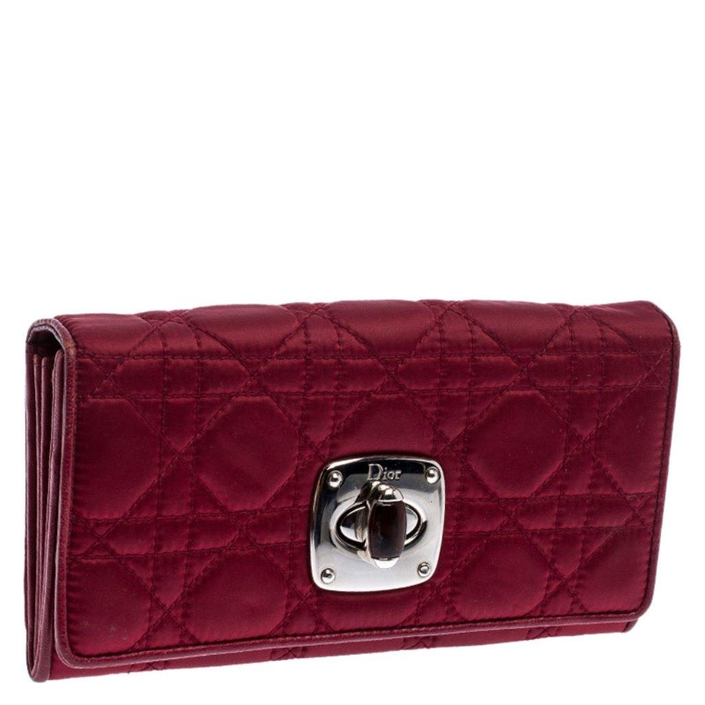 Red Dior Burgundy Quilted Cannage Satin Charming Lock Continental Wallet