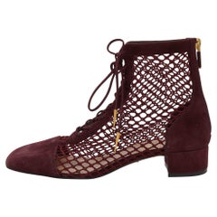 Dior Burgundy Suede and Fishnet Naughtily-D Ankle Boots Size 38