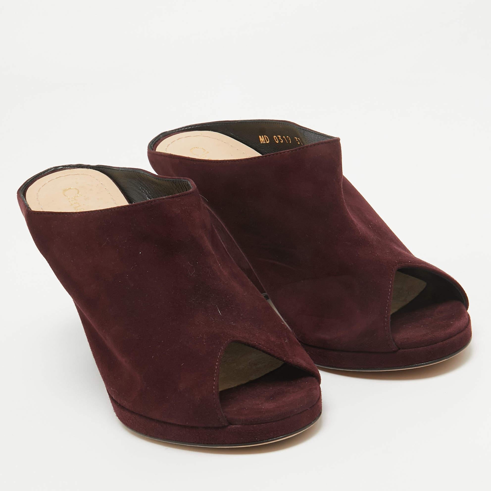 Dior Burgundy Suede Open Toe Wedge Mules Size 37 In Excellent Condition In Dubai, Al Qouz 2