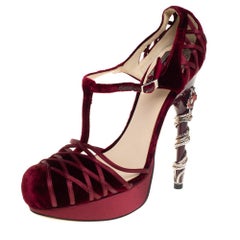 Dior Burgundy Velvet and Satin Platform Floral Embellished Heel Pumps Size 37