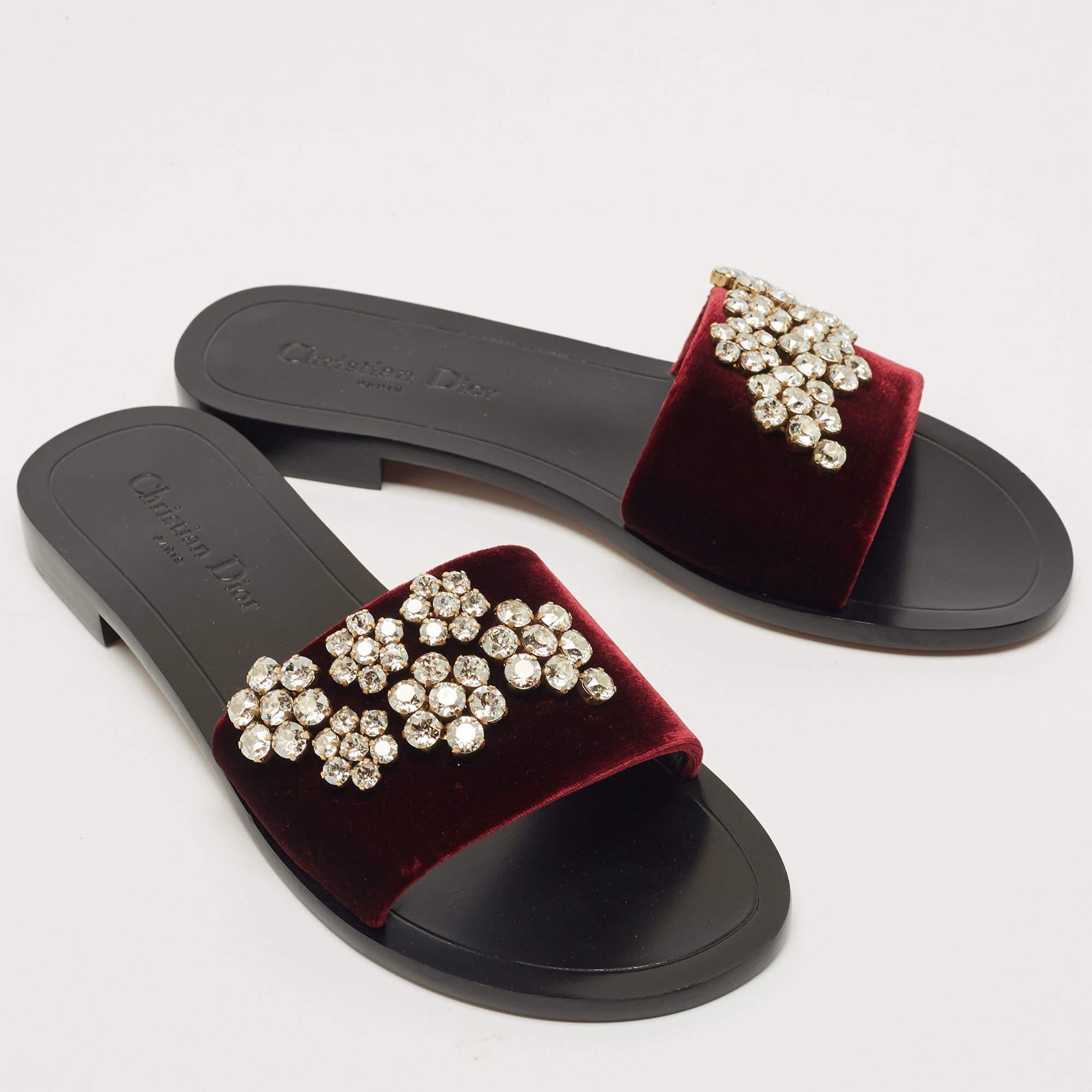 Dior Burgundy Velvet Crystal Embellishment Flat Slides Size 39 1