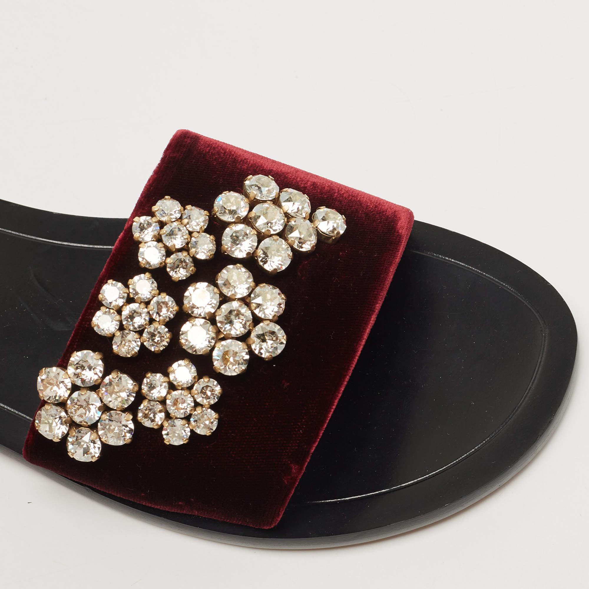 Dior Burgundy Velvet Crystal Embellishment Flat Slides Size 39 2