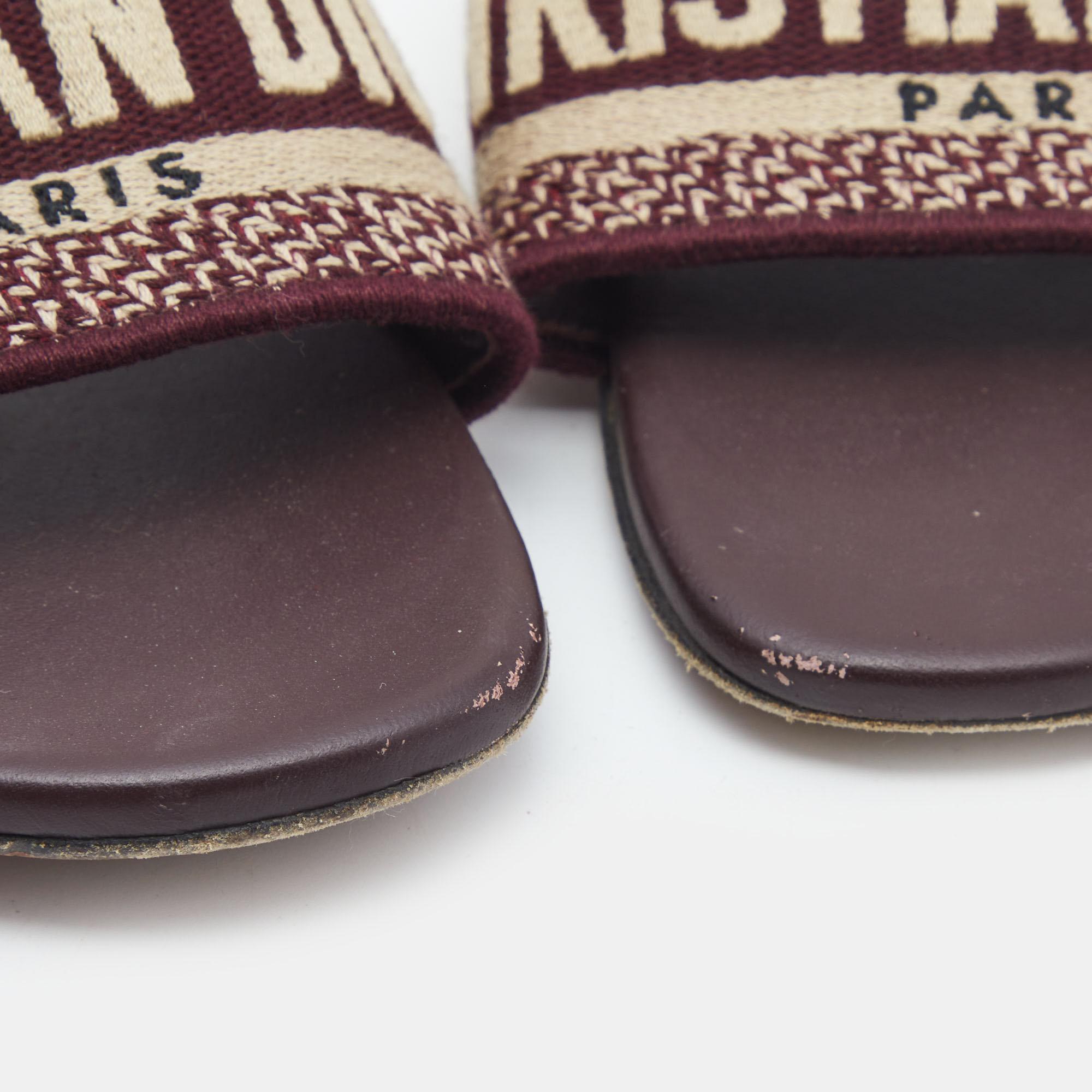 Dior Burgundy/White Leather and Canvas Dway Flat Slides Size 38 1