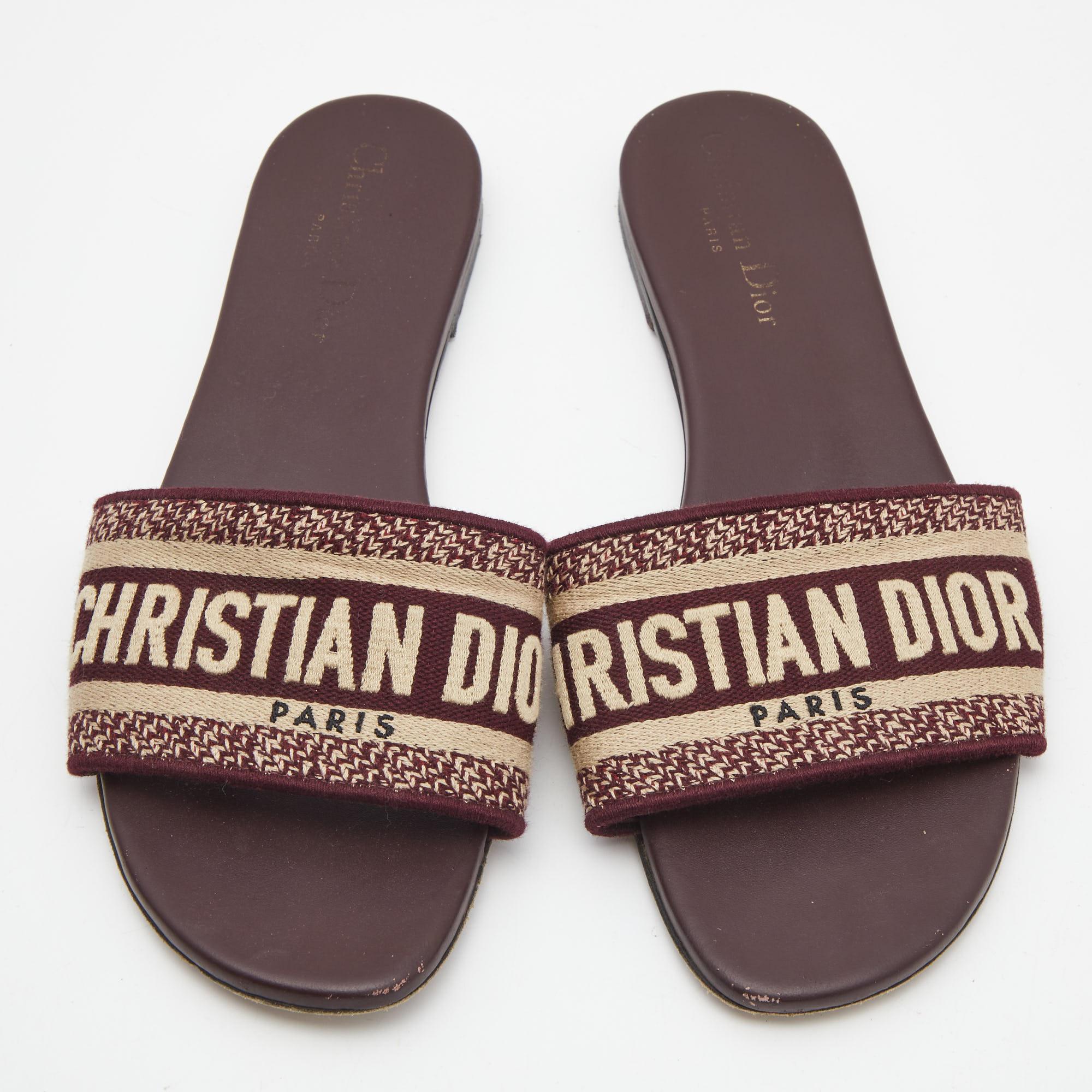 Dior Burgundy/White Leather and Canvas Dway Flat Slides Size 38 2