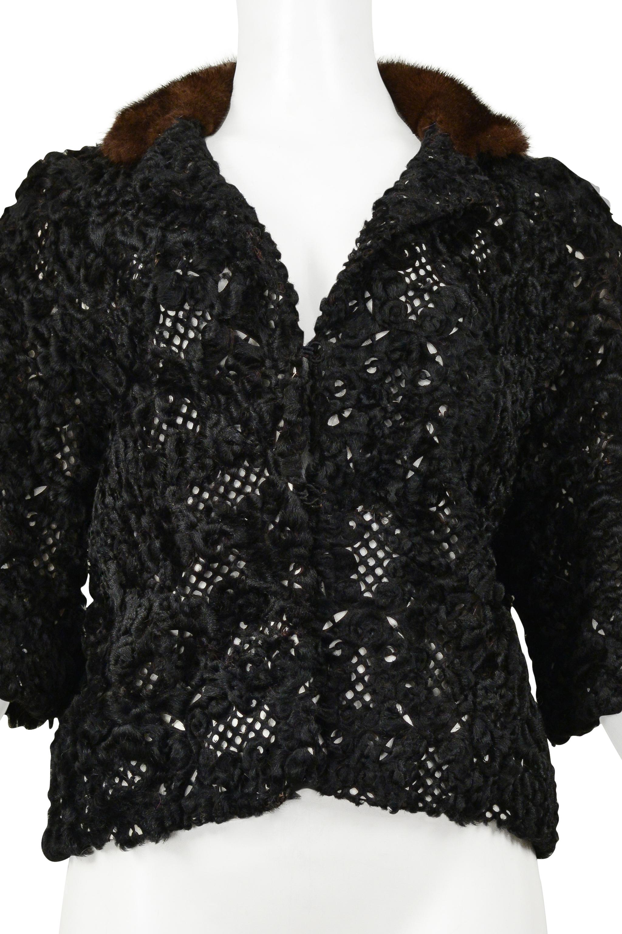 Resurrection Vintage is excited to offer a rare and unusual vintage Christian Dior by John Galliano black mink laser cut evening jacket featuring a fancy knitted fur body, brown fur collar, white silk satin lining, and hook-and-eye front closure.

*