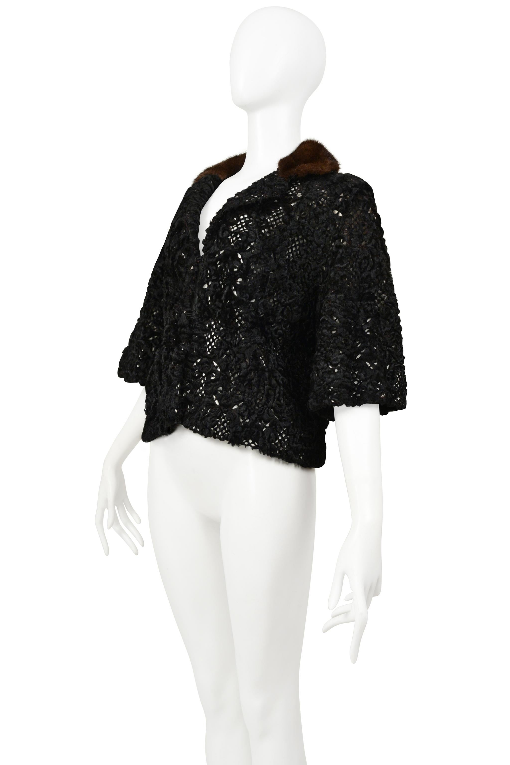 Gray Dior by Galliano Black Laser Cut Mink Jacket with Brown Fur Collar