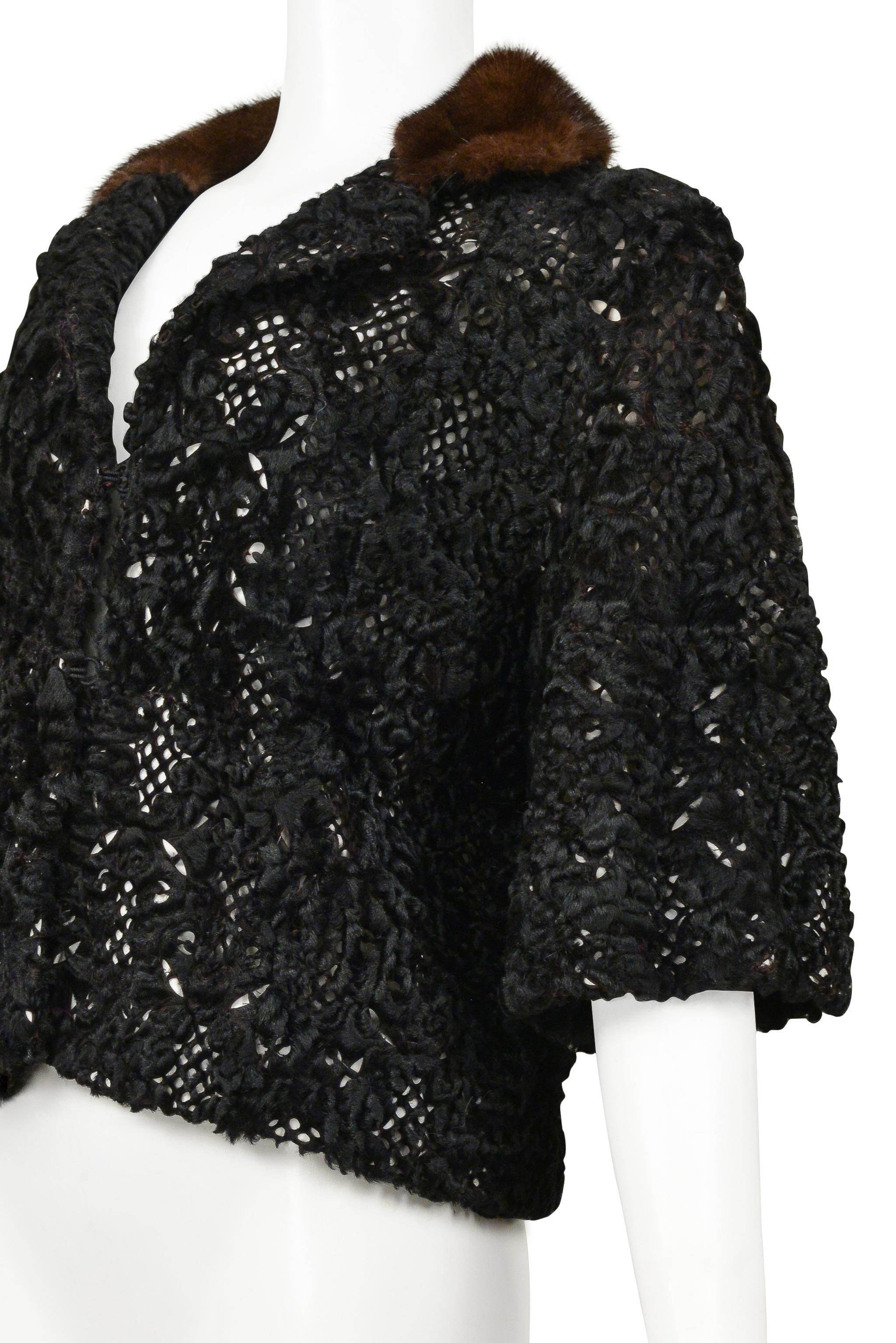 Dior by Galliano Black Laser Cut Mink Jacket with Brown Fur Collar In Excellent Condition In Los Angeles, CA