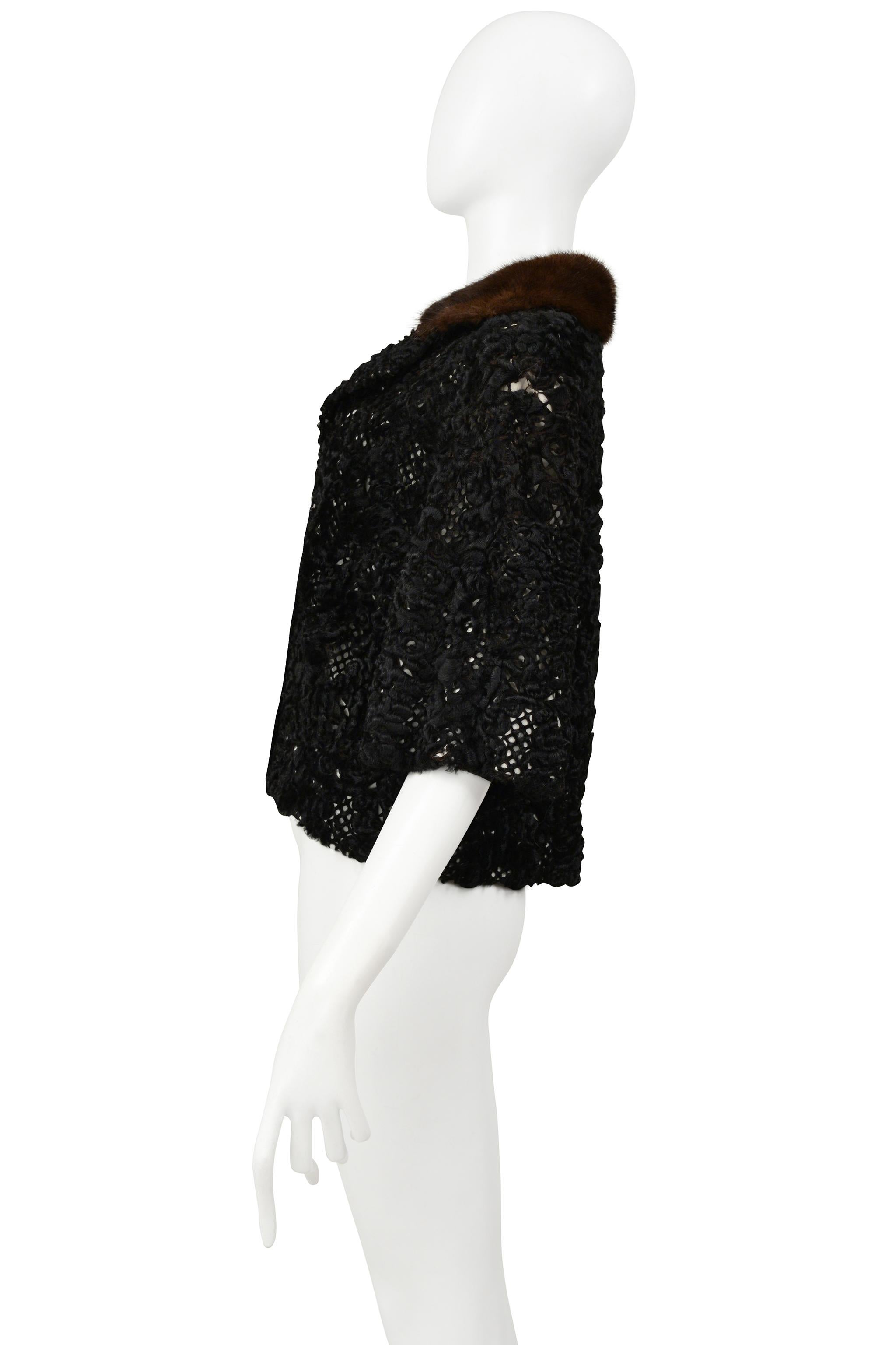 Women's Dior by Galliano Black Laser Cut Mink Jacket with Brown Fur Collar