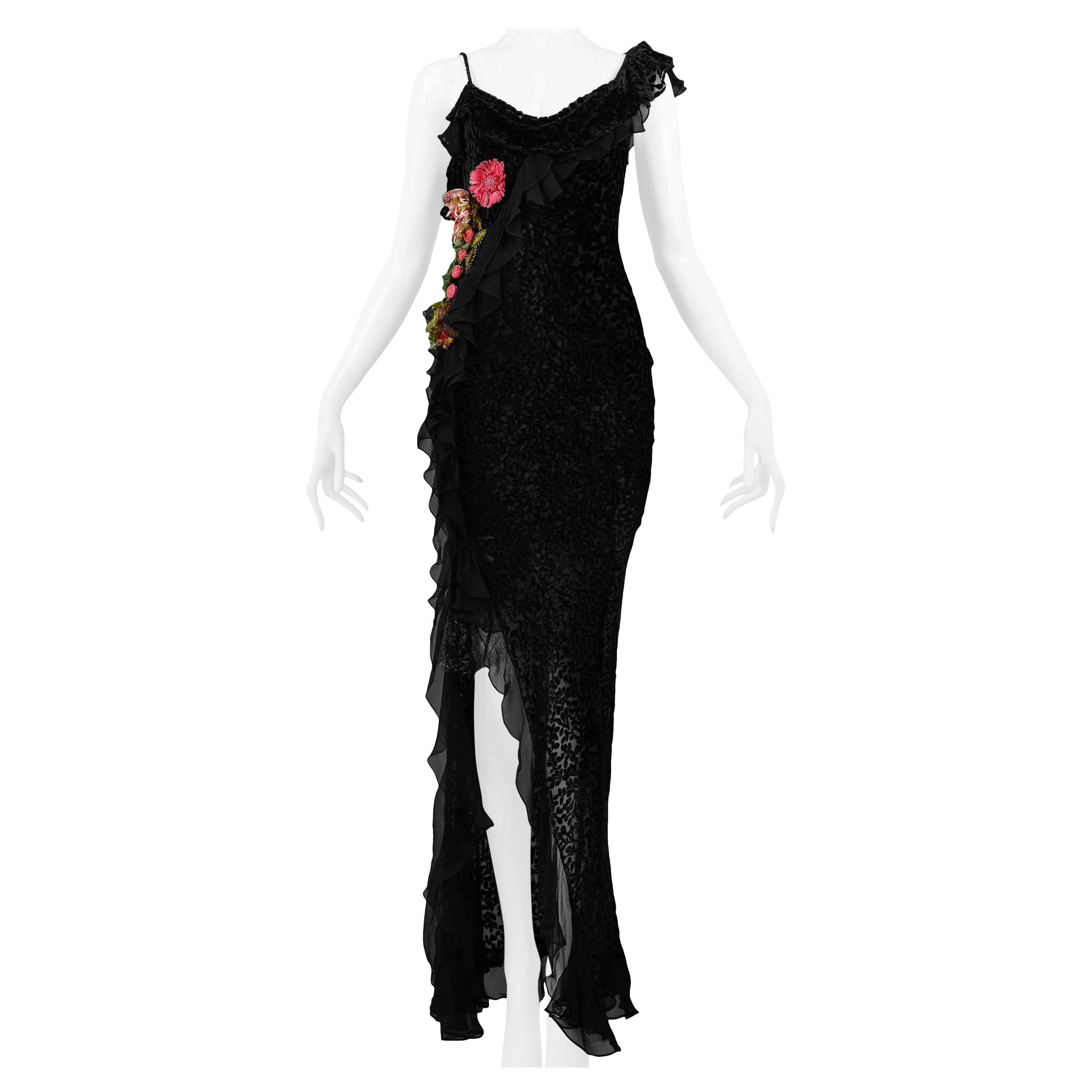 Dior by Galliano Black Velvet Devore Gown with Flowers 2002