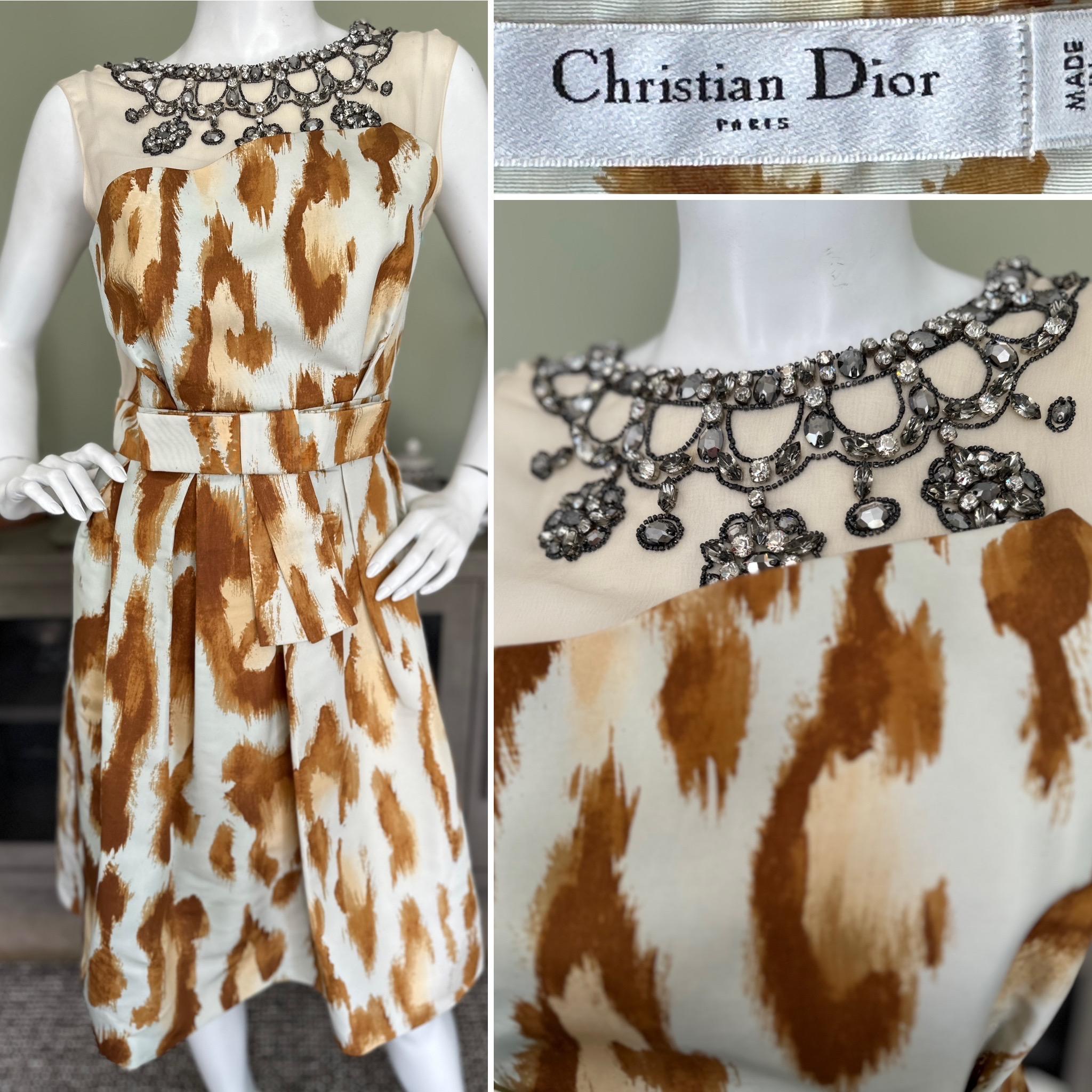 Dior by Galliano Silk Leopard Print Cocktail Dress with Lesage Jeweled Necklace
This is so pretty, the bead work is astonishing.
Size 40
Bust 36