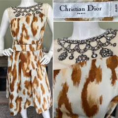 Dior by Galliano Silk Leopard Print Cocktail Dress with Lesage Jeweled Necklace